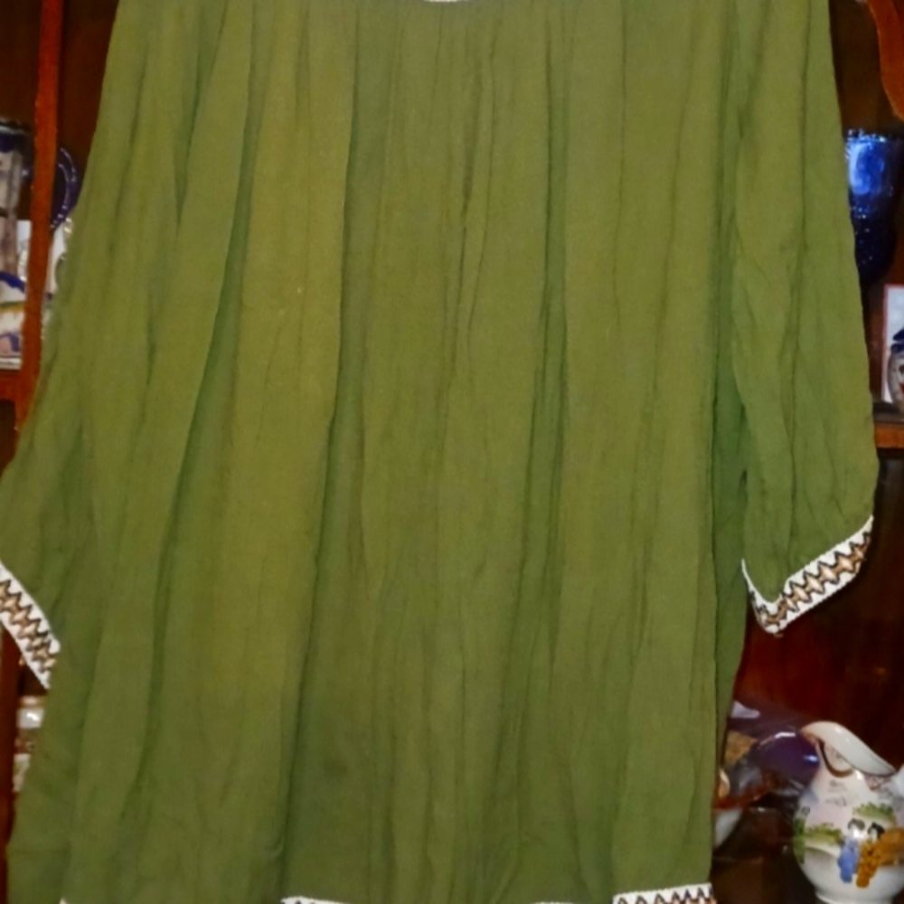 Hannah Olive Green Embroidered 3/4 Sleeve Viscose Cotton Shirt Top Blouse Large